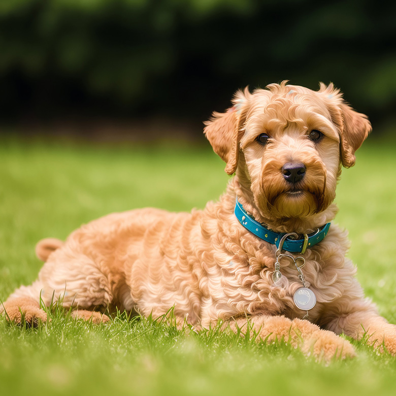 Curly-haired dog on grass